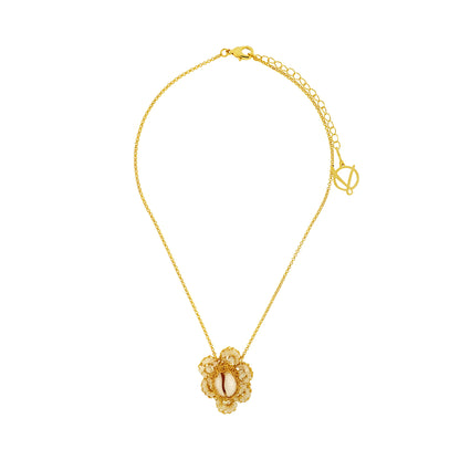 Flower-Cream-White-Gold-Cowrie-Handmade-Crochet-Necklace-18k-gold-filled-wire-hypoallergenic-lightweight-statement-soul-collection