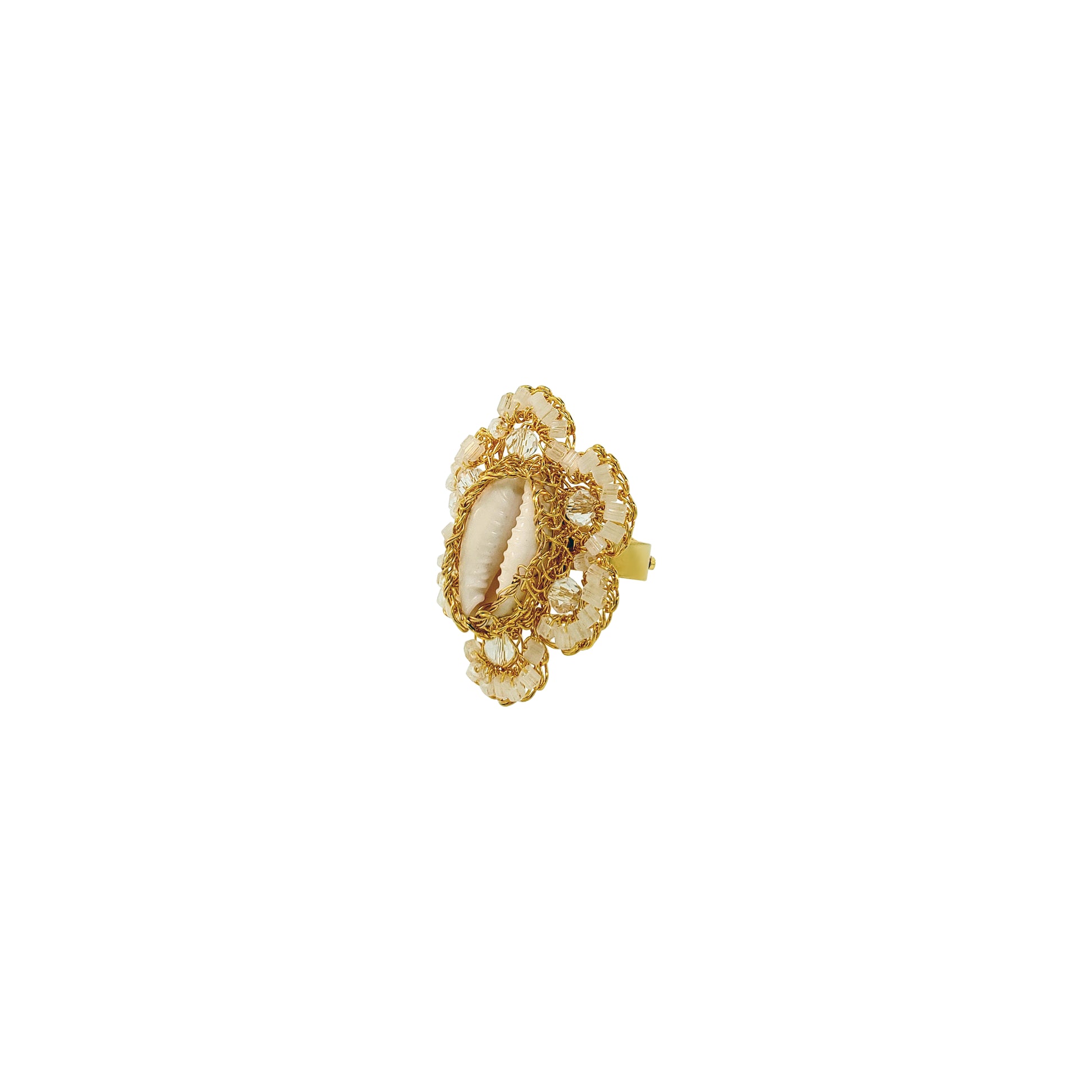 Flower-Cream-White-Gold-Cowrie-Handmade-Crochet-Ring-18k-gold-filled-wire-hypoallergenic-lightweight-statement-soul-collection
