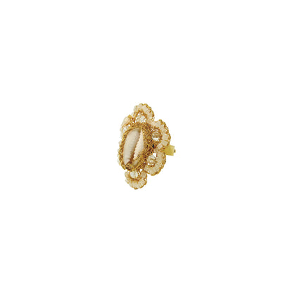 Flower-Cream-White-Gold-Cowrie-Handmade-Crochet-Ring-18k-gold-filled-wire-hypoallergenic-lightweight-statement-soul-collection
