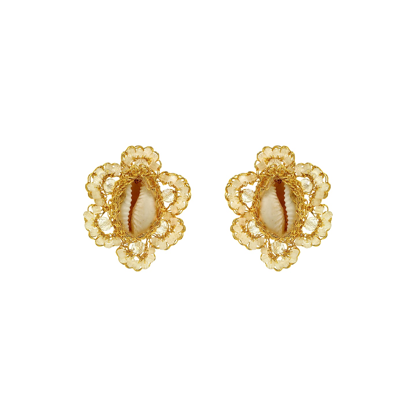 Flower-Cream-White-Gold-Cowrie-Post-Handmade-Crochet-Earrings-18k-gold-filled-wire-hypoallergenic-lightweight-statement-soul-collection