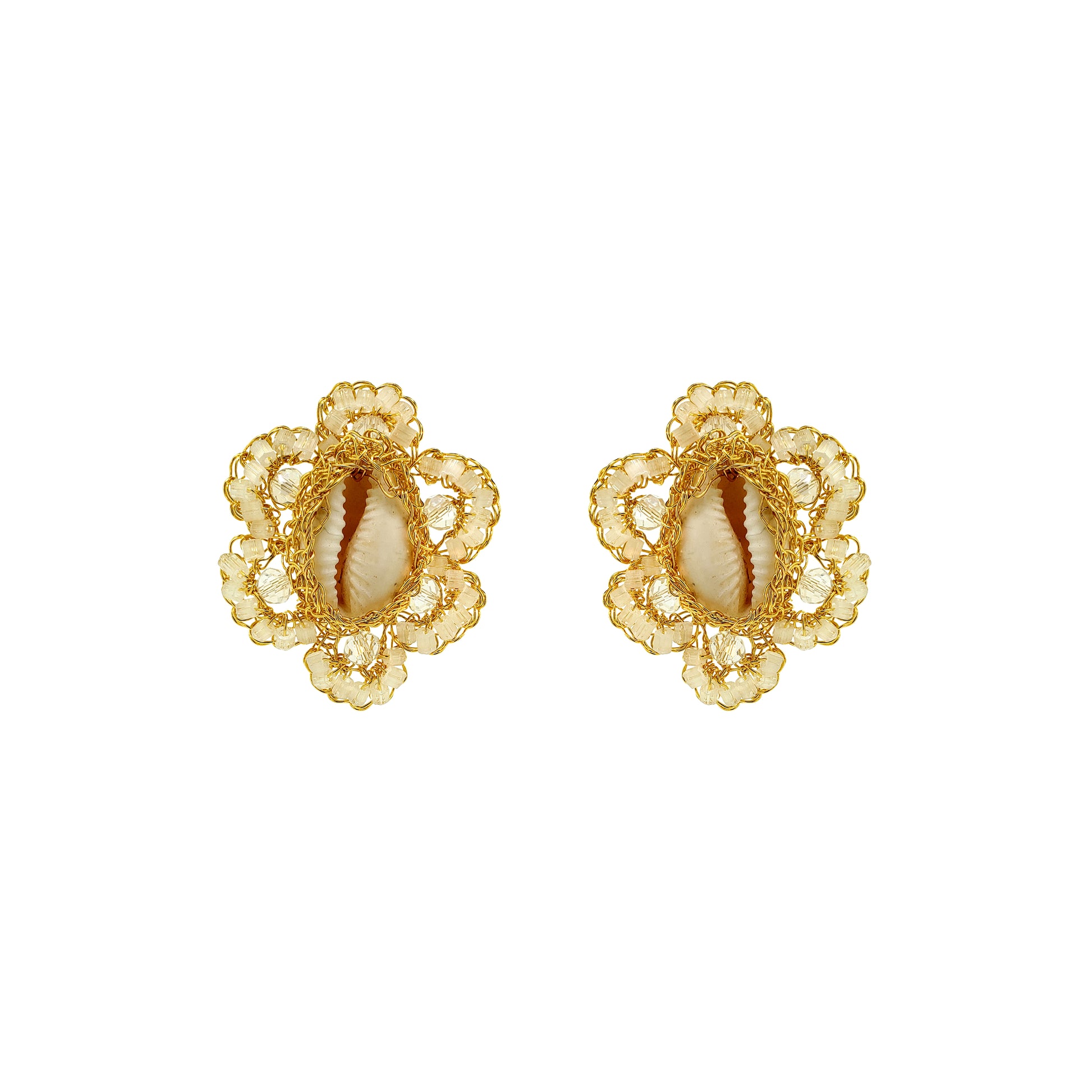 Flower-Cream-White-Gold-Cowrie-Post-Handmade-Crochet-Earrings-18k-gold-filled-wire-hypoallergenic-lightweight-statement-soul-collection