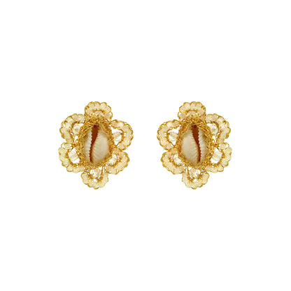Flower-Cream-White-Gold-Cowrie-Post-Handmade-Crochet-Earrings-18k-gold-filled-wire-hypoallergenic-lightweight-statement-soul-collection