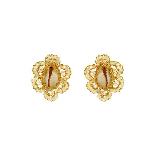 Flower-Cream-White-Gold-Cowrie-Post-Handmade-Crochet-Earrings-18k-gold-filled-wire-hypoallergenic-lightweight-statement-soul-collection
