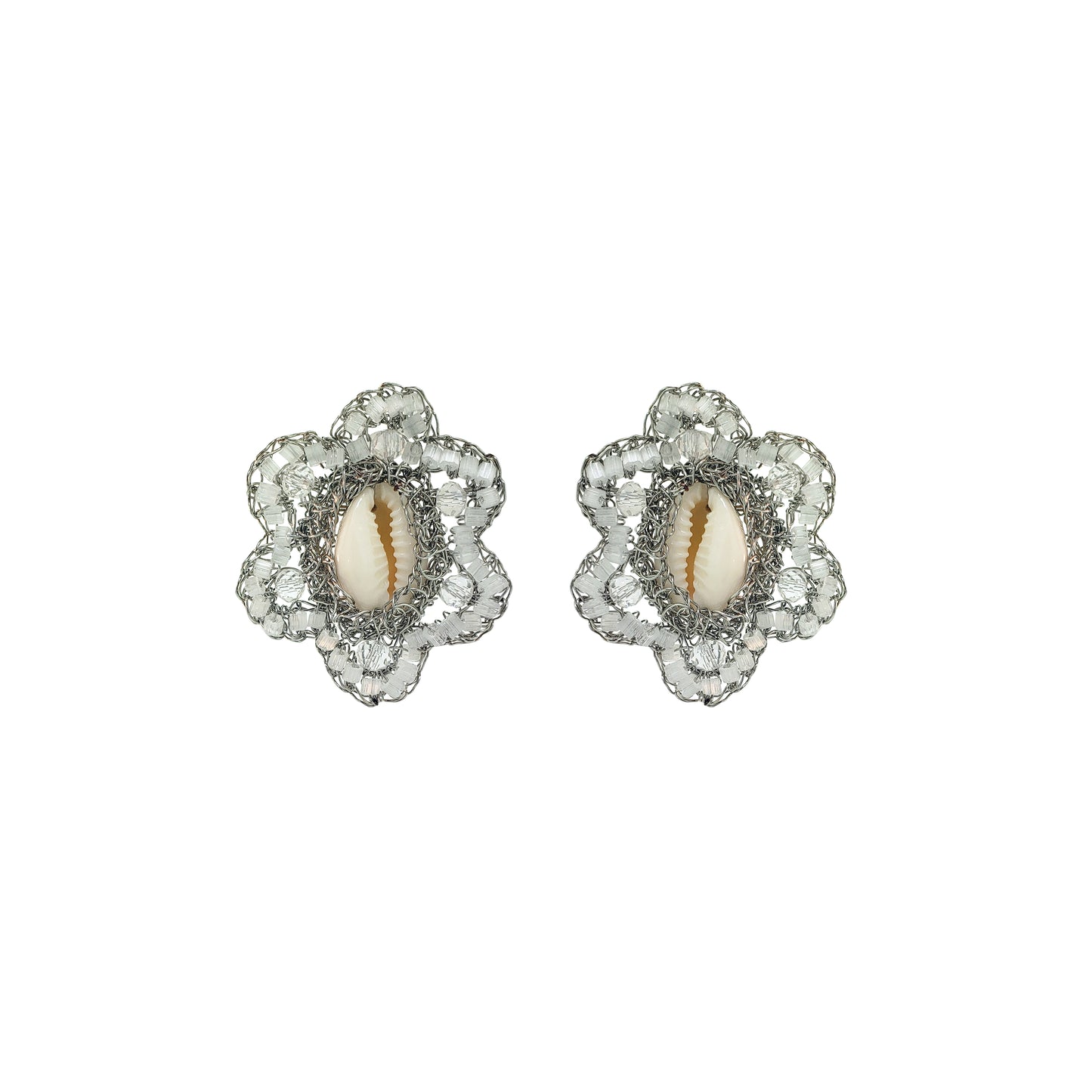 Flower-Cream-White-Silver-Cowrie-Post-Handmade-Crochet-Earrings-18k-gold-filled-wire-hypoallergenic-lightweight-statement-soul-collection