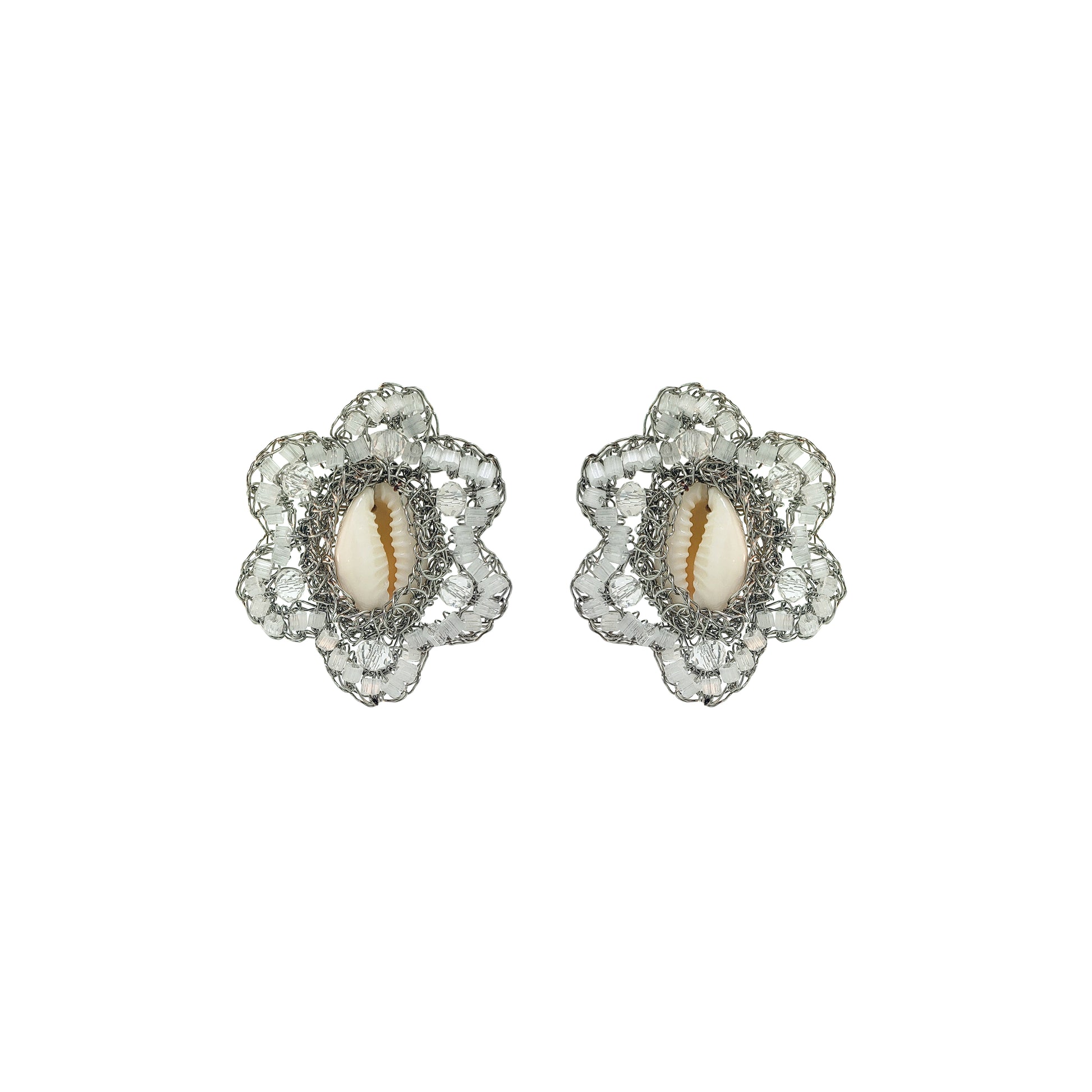 Flower-Cream-White-Silver-Cowrie-Post-Handmade-Crochet-Earrings-18k-gold-filled-wire-hypoallergenic-lightweight-statement-soul-collection