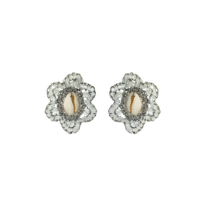 Flower-Cream-White-Silver-Cowrie-Post-Handmade-Crochet-Earrings-18k-gold-filled-wire-hypoallergenic-lightweight-statement-soul-collection