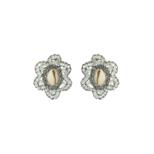 Flower-Cream-White-Silver-Cowrie-Post-Handmade-Crochet-Earrings-18k-gold-filled-wire-hypoallergenic-lightweight-statement-soul-collection
