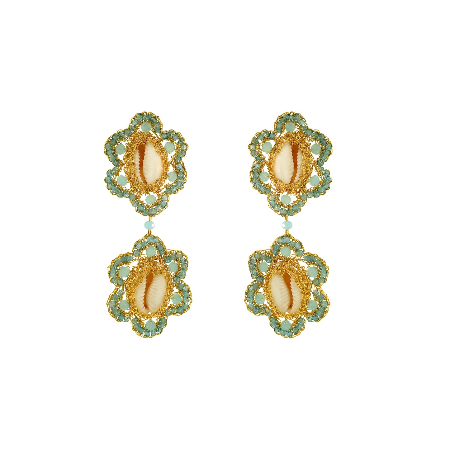 Flower-Dangle-Aqua-Blue-Gold-Cowrie-Duo-Handmade-Crochet-Earrings-18k-gold-filled-wire-hypoallergenic-lightweight-statement-soul-collection