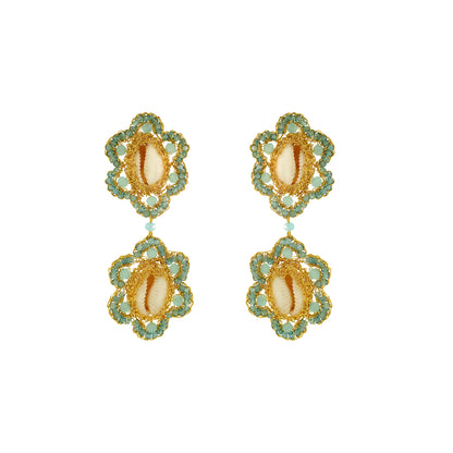 Flower-Dangle-Aqua-Blue-Gold-Cowrie-Duo-Handmade-Crochet-Earrings-18k-gold-filled-wire-hypoallergenic-lightweight-statement-soul-collection