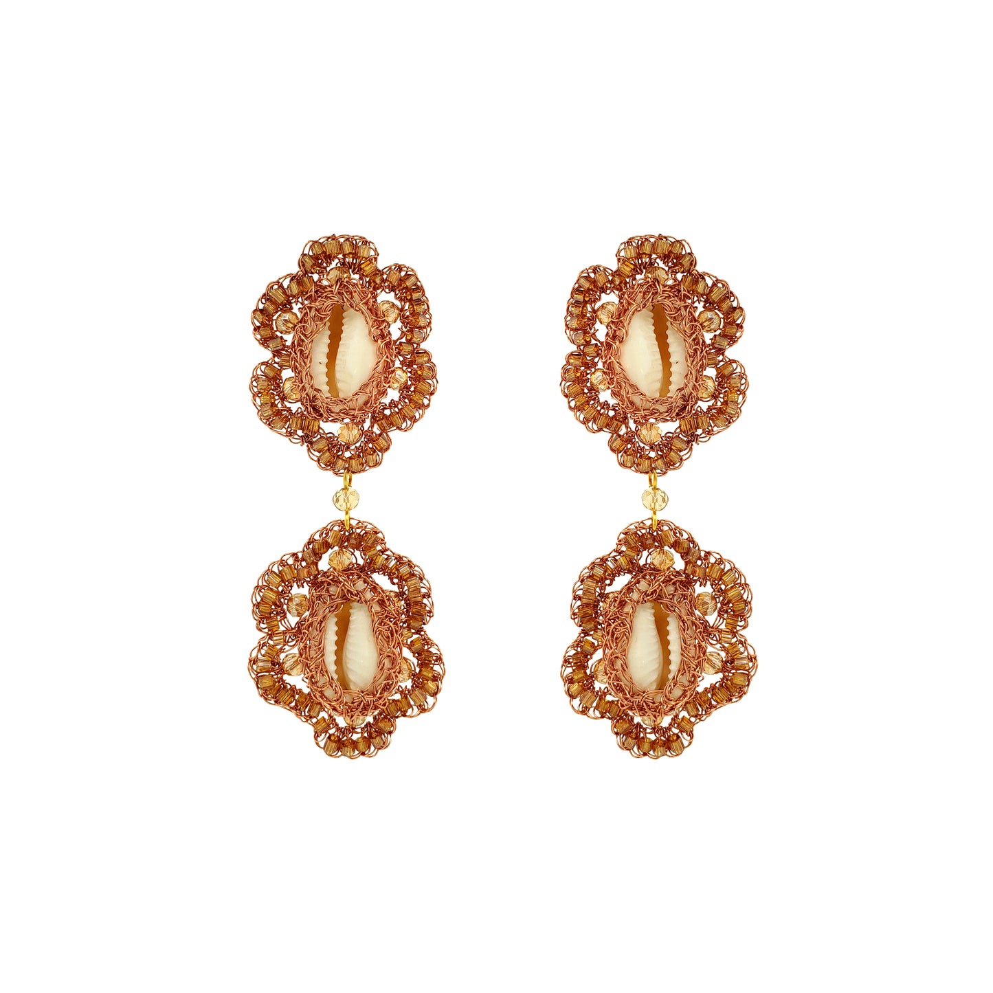 Flower-Dangle-Bronze-Amber-Gold-Cowrie-Duo-Handmade-Crochet-Earrings-18k-gold-filled-wire-hypoallergenic-lightweight-statement-soul-collection