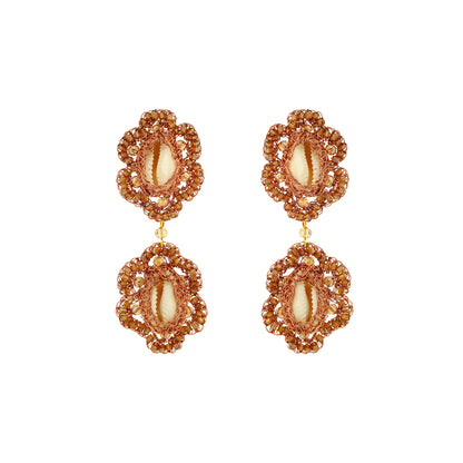 Flower-Dangle-Bronze-Amber-Gold-Cowrie-Duo-Handmade-Crochet-Earrings-18k-gold-filled-wire-hypoallergenic-lightweight-statement-soul-collection