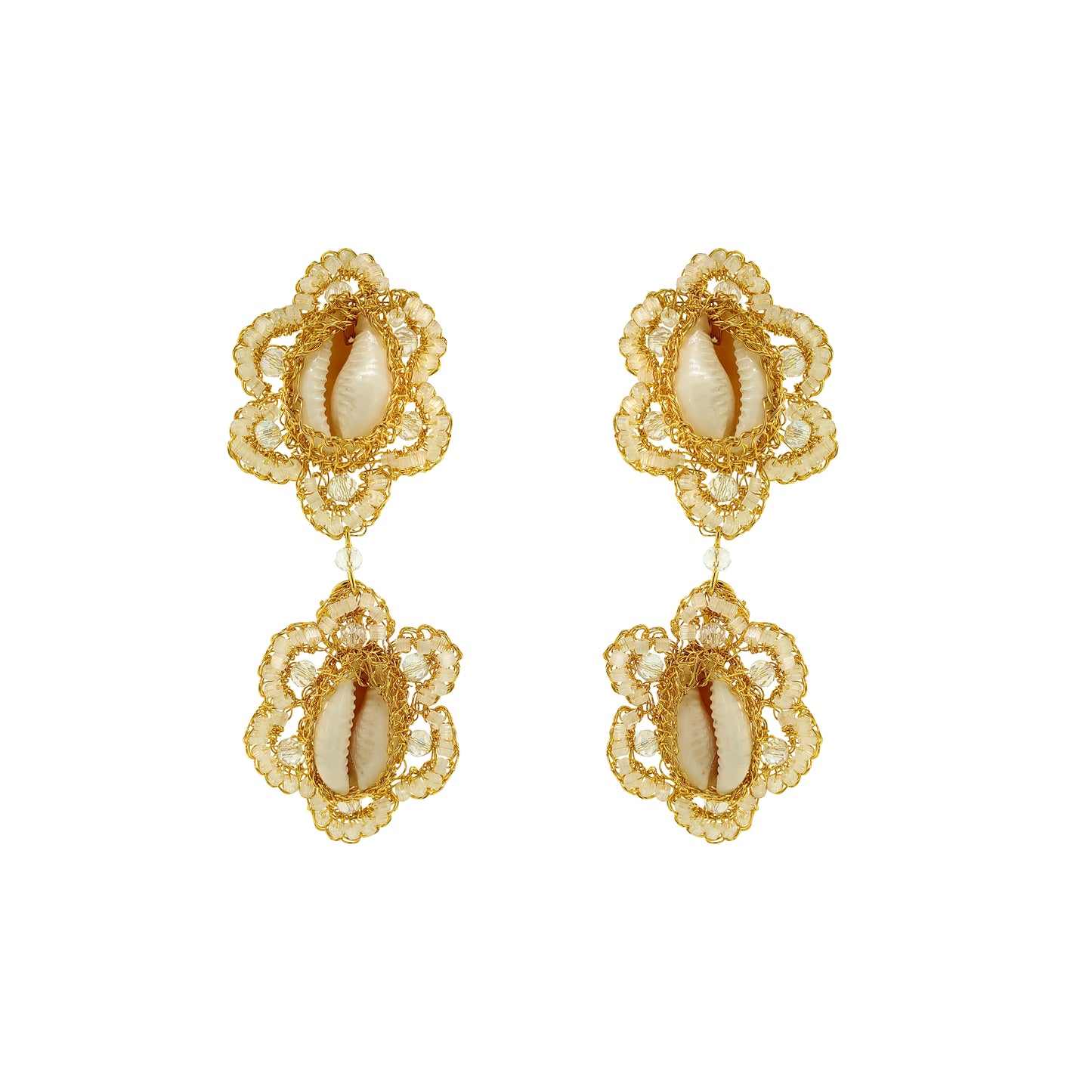Flower-Dangle-Cream-White-Gold-Cowrie-Duo-Handmade-Crochet-Earrings-18k-gold-filled-wire-hypoallergenic-lightweight-statement-soul-collection