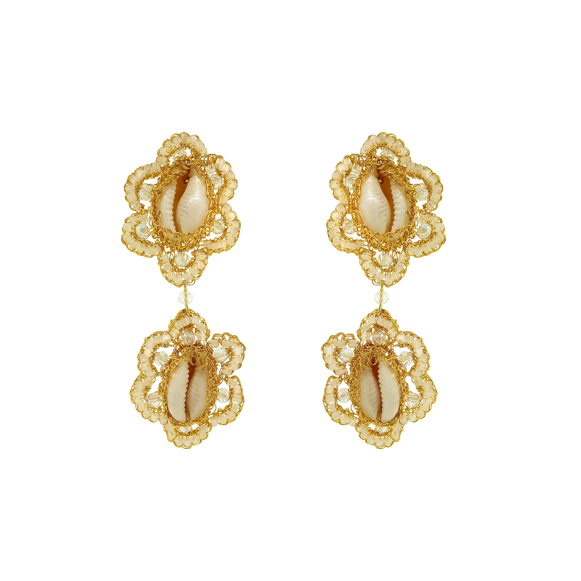 Flower-Dangle-Cream-White-Gold-Cowrie-Duo-Handmade-Crochet-Earrings-18k-gold-filled-wire-hypoallergenic-lightweight-statement-soul-collection