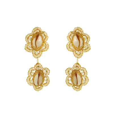 Flower-Dangle-Cream-White-Gold-Cowrie-Duo-Handmade-Crochet-Earrings-18k-gold-filled-wire-hypoallergenic-lightweight-statement-soul-collection