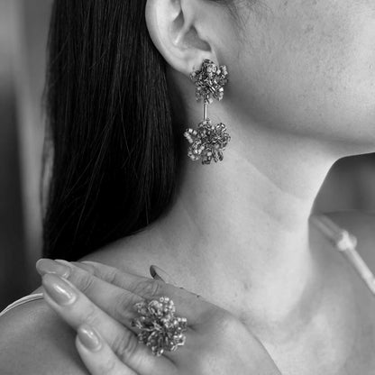 Flower-Dangle-Gold-Agatha-Drop-Handmade-Crochet-Earrings-Ring-Model-18k-gold-filled-wire-hypoallergenic-lightweight-statement-brazilian-soul-collection