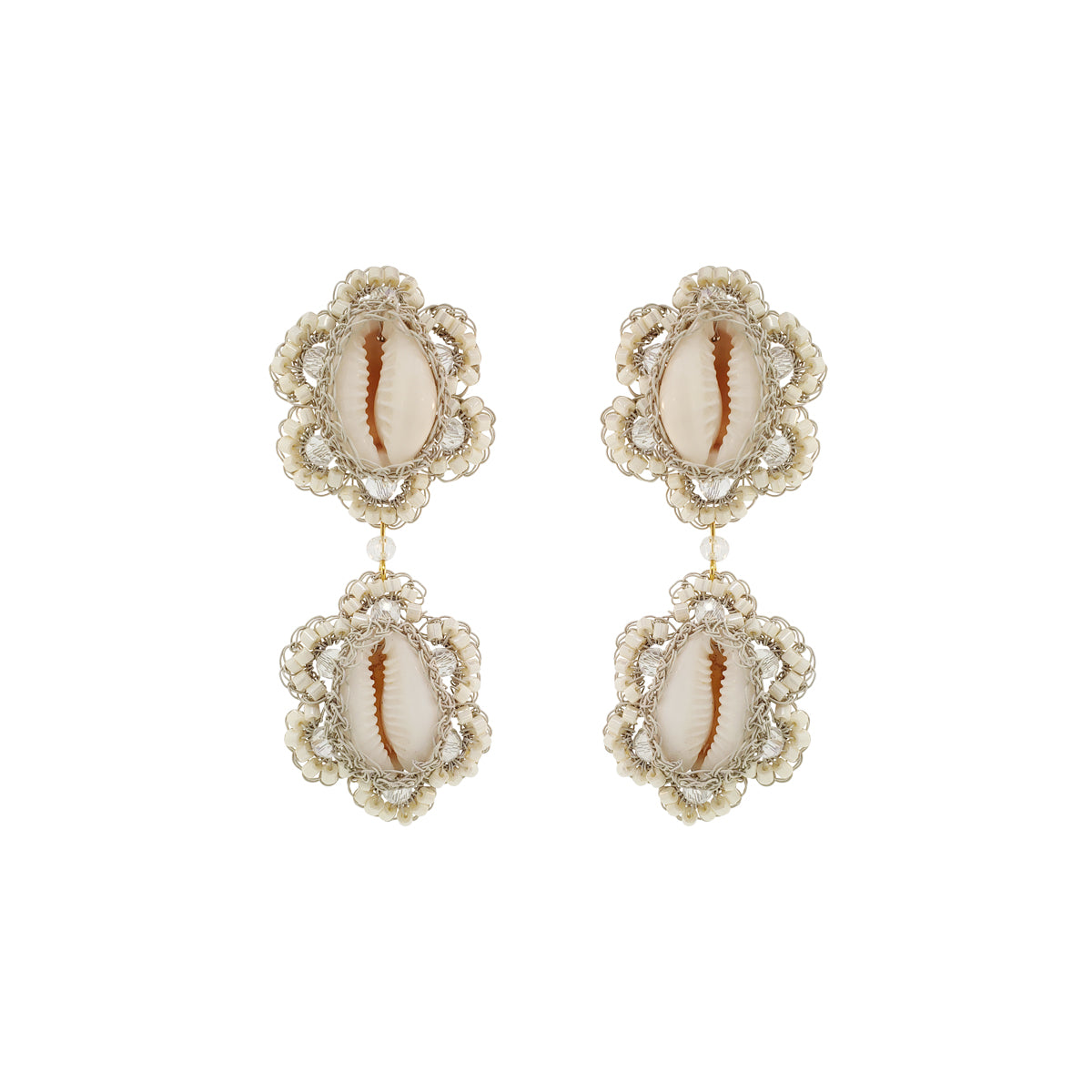 Flower-Dangle-Raffia-Beige-Gold-Cowrie-Duo-Handmade-Crochet-Earrings-18k-gold-filled-wire-hypoallergenic-lightweight-statement-soul-collection