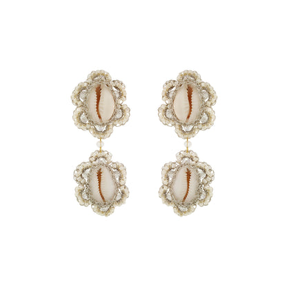 Flower-Dangle-Raffia-Beige-Gold-Cowrie-Duo-Handmade-Crochet-Earrings-18k-gold-filled-wire-hypoallergenic-lightweight-statement-soul-collection