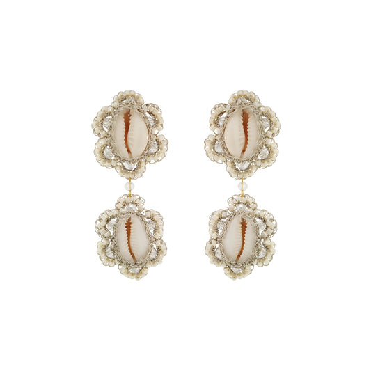 Flower-Dangle-Raffia-Beige-Gold-Cowrie-Duo-Handmade-Crochet-Earrings-18k-gold-filled-wire-hypoallergenic-lightweight-statement-soul-collection
