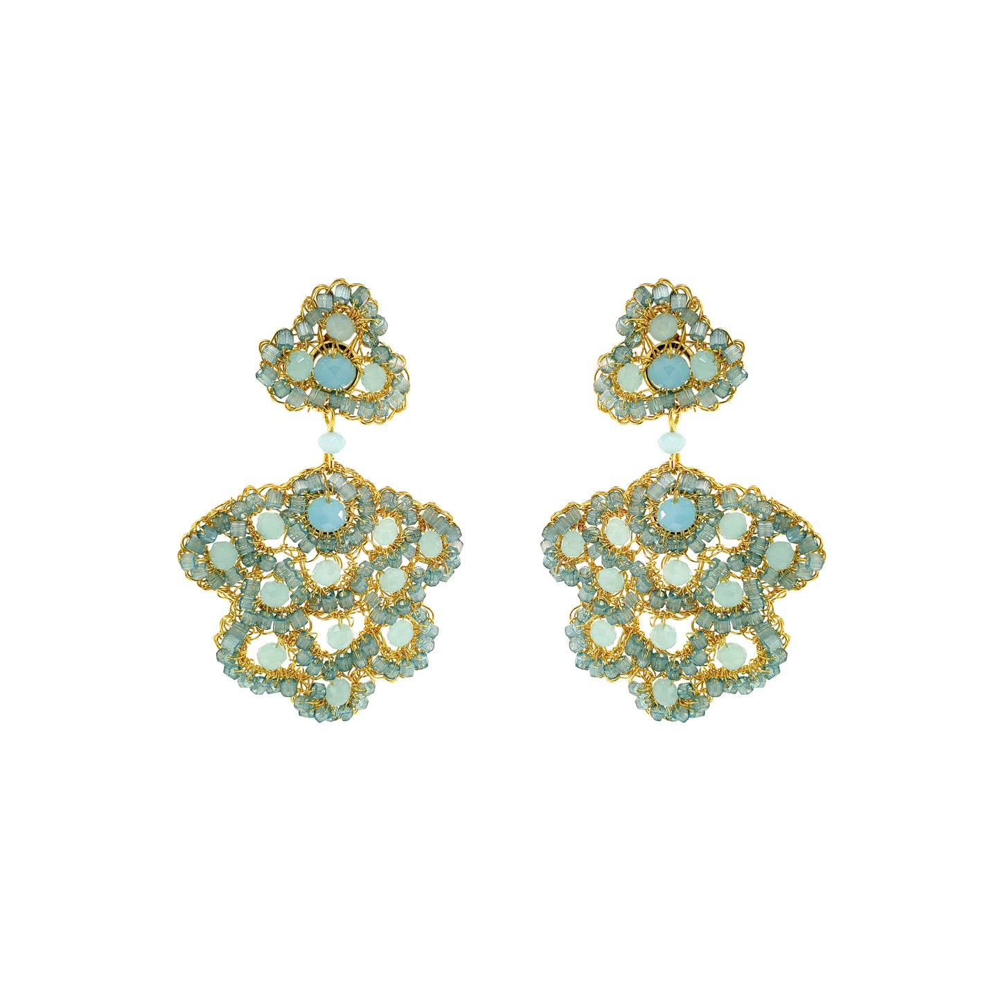 Flower-Drop-Aqua-Blue-Gold-Poppy-Cascade-Handmade-Crochet-Earrings-18k-gold-filled-wire-hypoallergenic-lightweight-statement-soul-collection