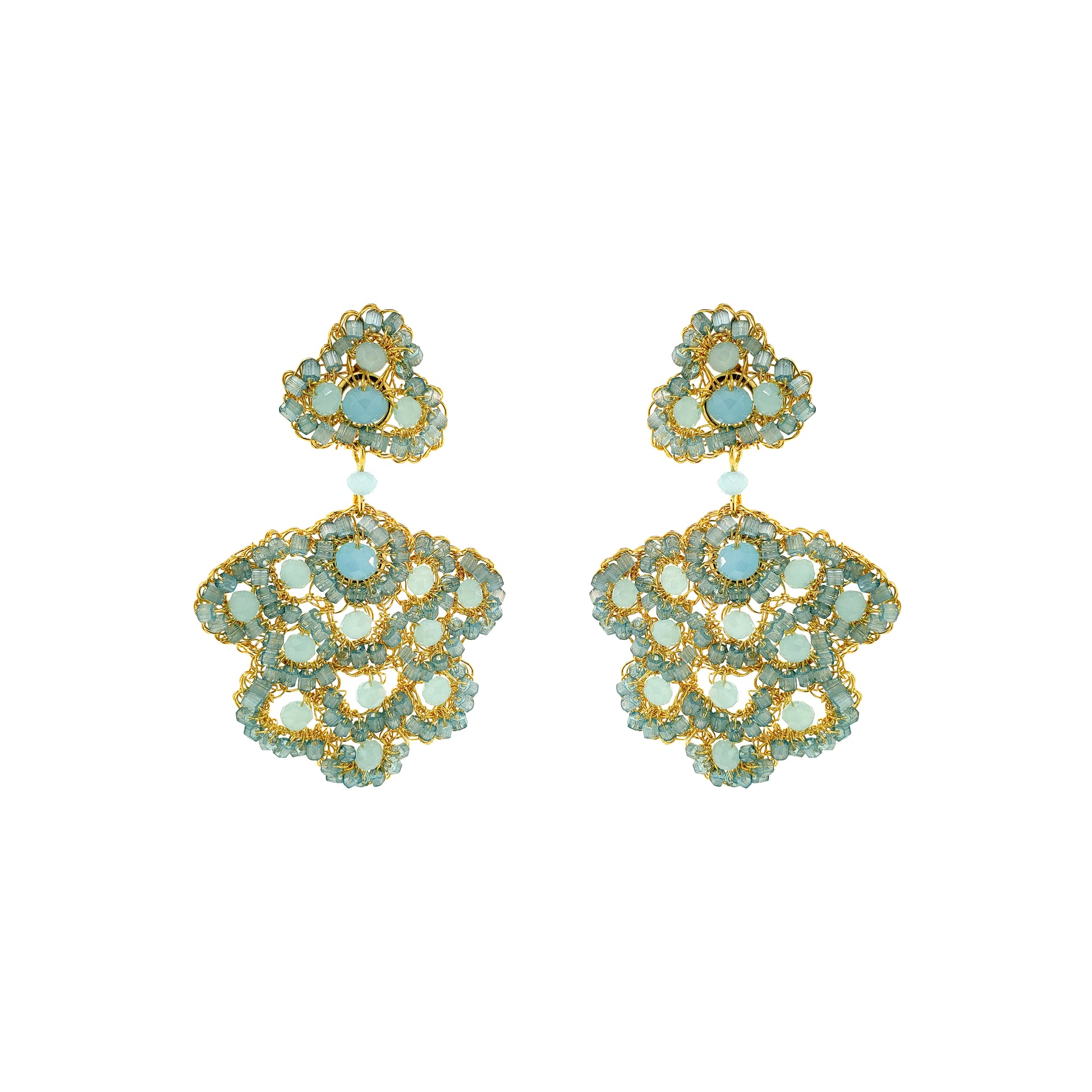 Flower-Drop-Aqua-Blue-Gold-Poppy-Cascade-Handmade-Crochet-Earrings-18k-gold-filled-wire-hypoallergenic-lightweight-statement-soul-collection