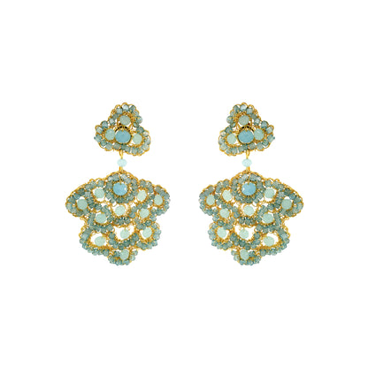 Flower-Drop-Aqua-Blue-Gold-Poppy-Cascade-Handmade-Crochet-Earrings-18k-gold-filled-wire-hypoallergenic-lightweight-statement-soul-collection