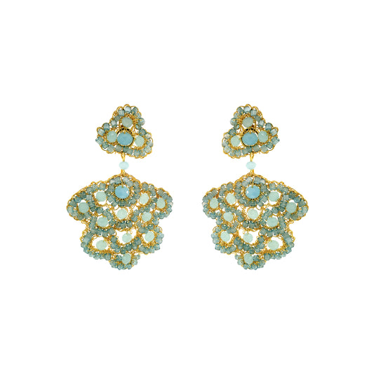 Flower-Drop-Aqua-Blue-Gold-Poppy-Cascade-Handmade-Crochet-Earrings-18k-gold-filled-wire-hypoallergenic-lightweight-statement-soul-collection