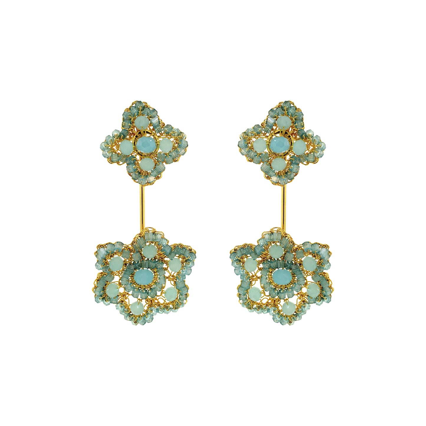 Flower-Drop-Aqua-Blue-Gold-Poppy-Dangle-Handmade-Crochet-Earrings-18k-gold-filled-wire-hypoallergenic-lightweight-statement-soul-collection