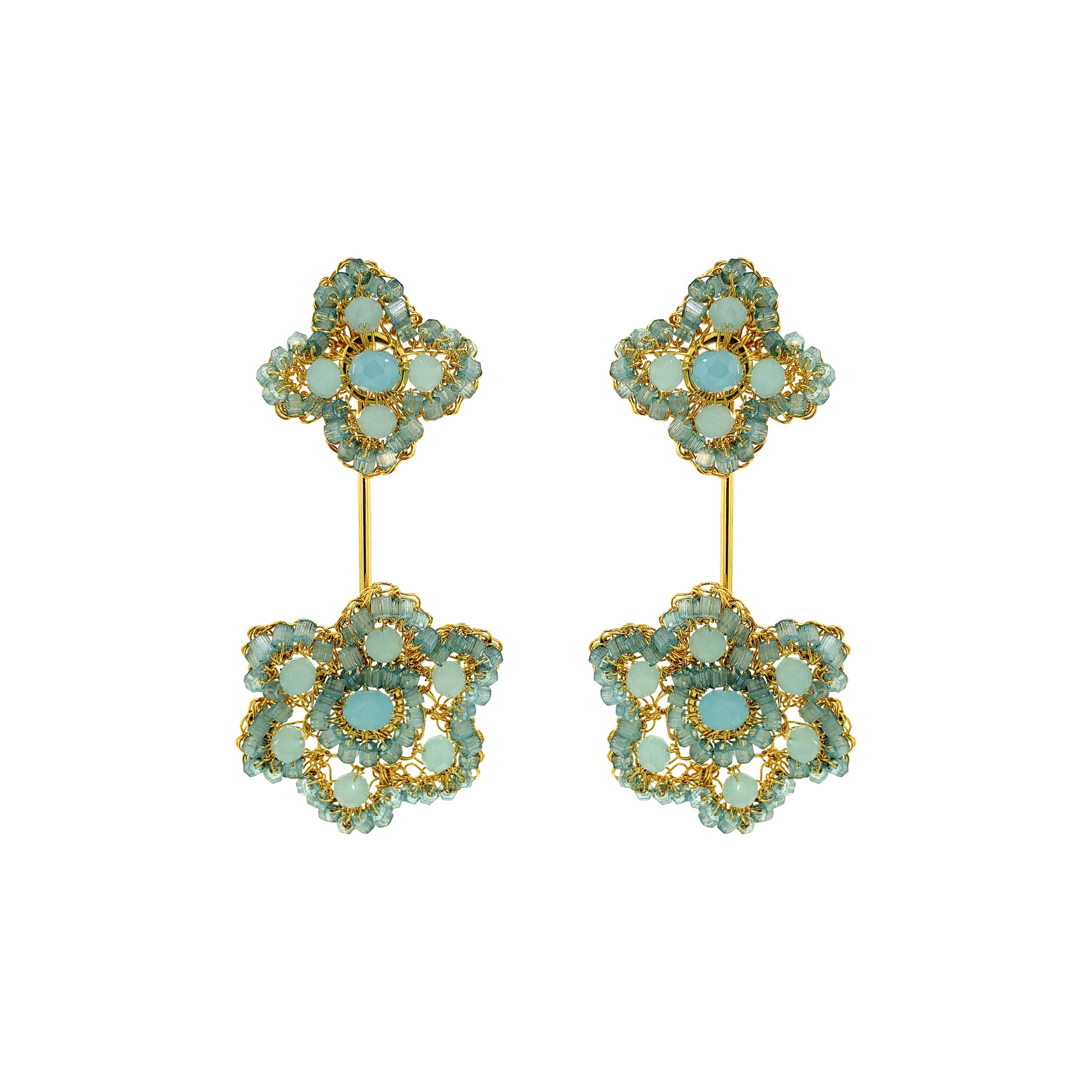 Flower-Drop-Aqua-Blue-Gold-Poppy-Dangle-Handmade-Crochet-Earrings-18k-gold-filled-wire-hypoallergenic-lightweight-statement-soul-collection