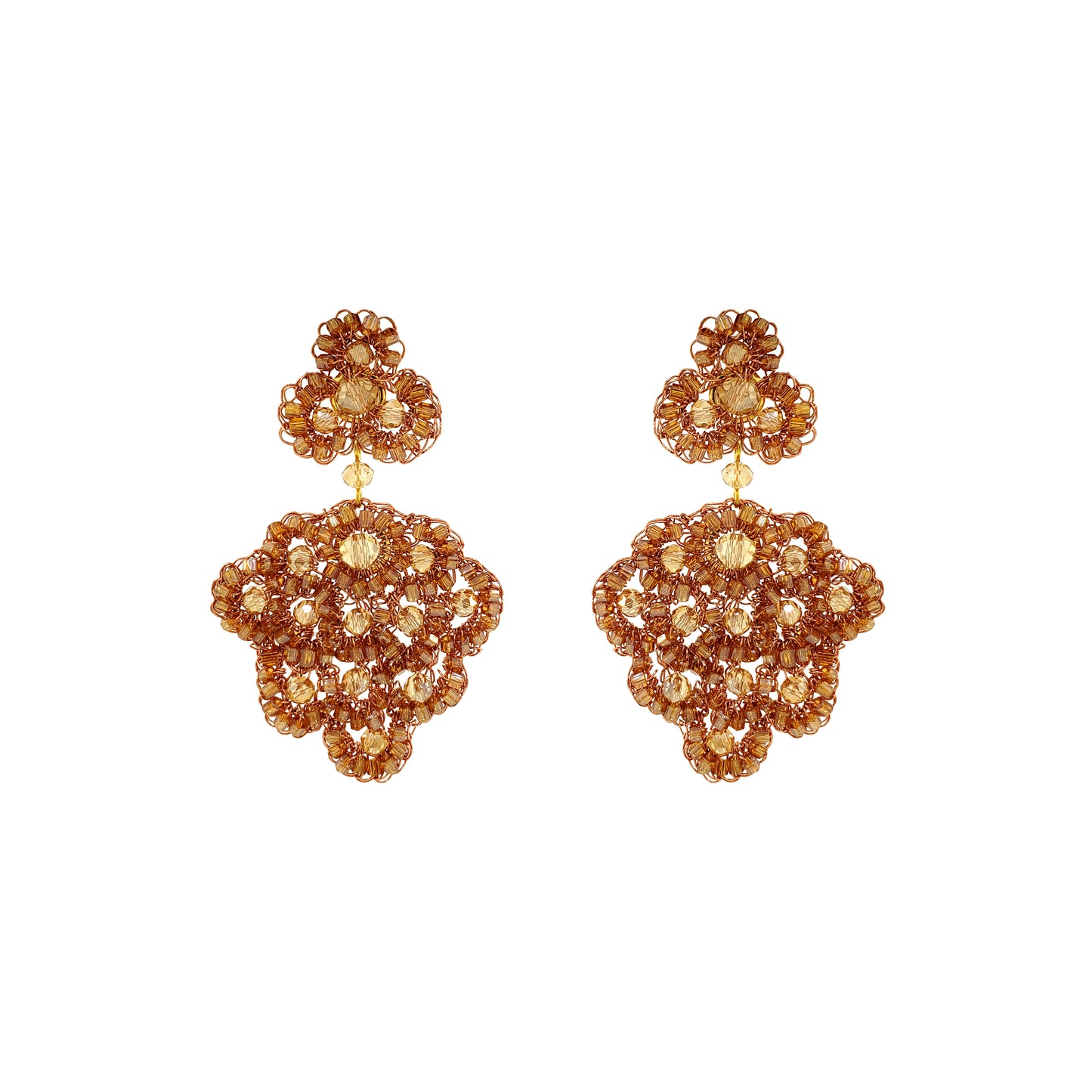 Flower-Drop-Bronze-Amber-Gold-Poppy-Cascade-Handmade-Crochet-Earrings-18k-gold-filled-wire-hypoallergenic-lightweight-statement-soul-collection