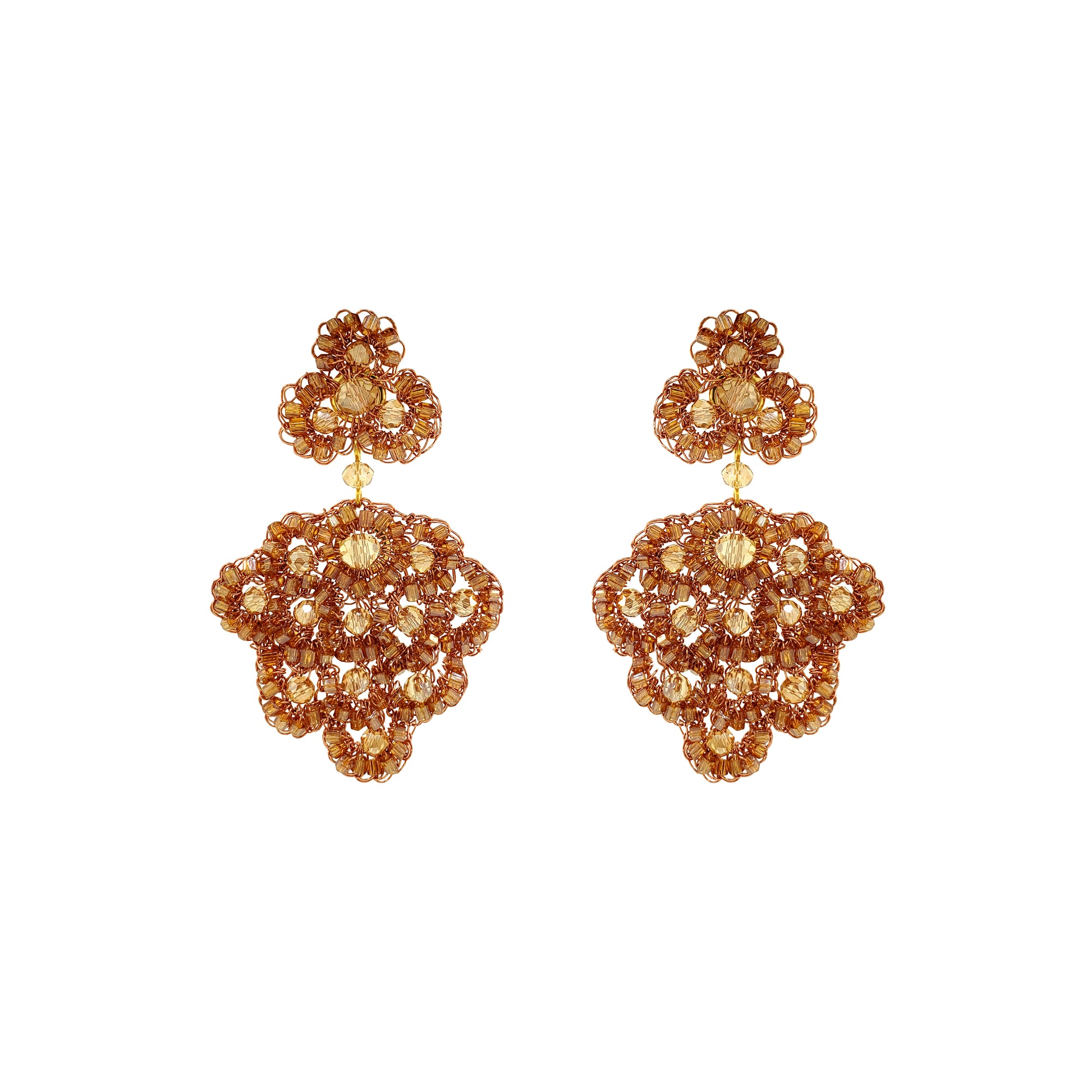 Flower-Drop-Bronze-Amber-Gold-Poppy-Cascade-Handmade-Crochet-Earrings-18k-gold-filled-wire-hypoallergenic-lightweight-statement-soul-collection