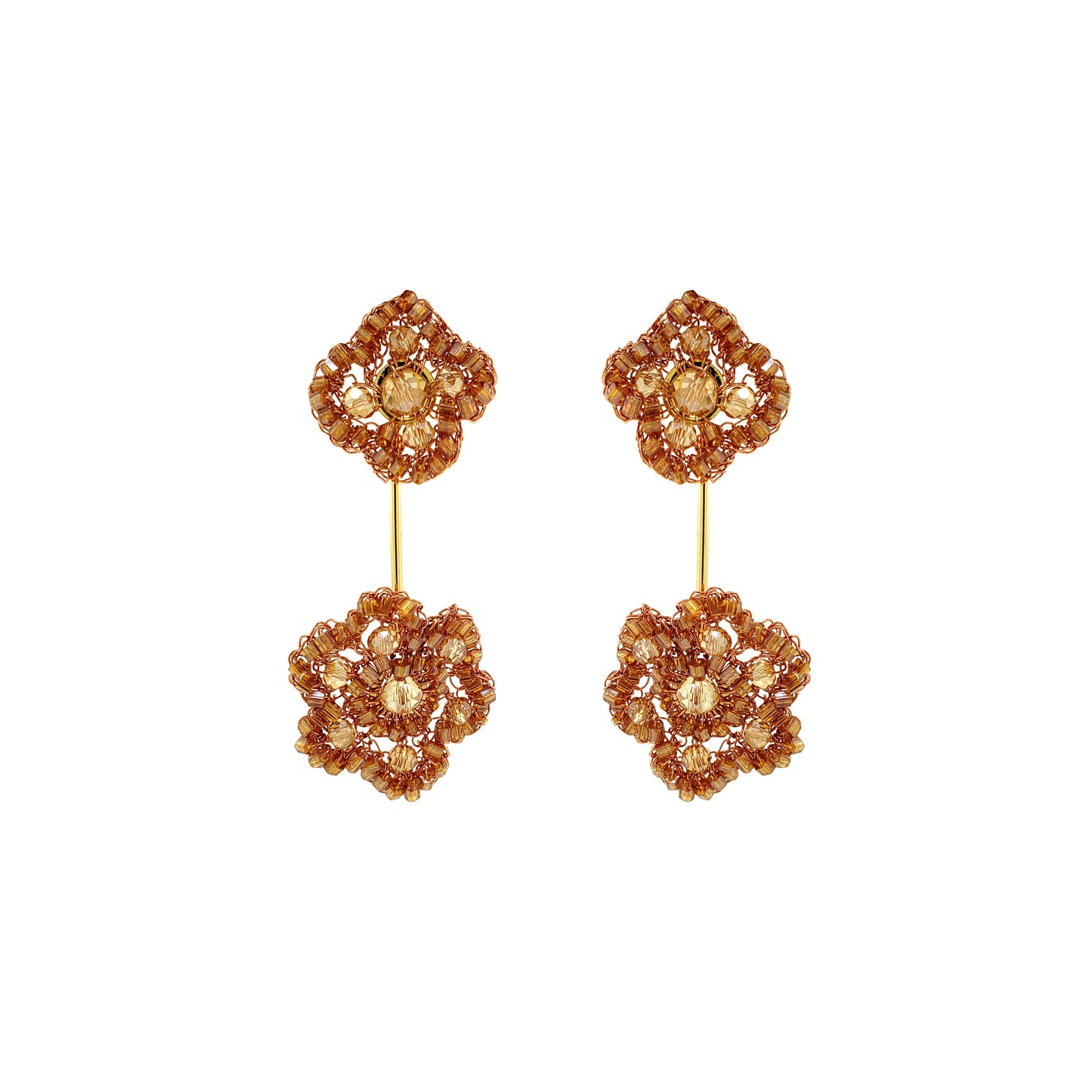 Flower-Drop-Bronze-Amber-Gold-Poppy-Dangle-Handmade-Crochet-Earrings-18k-gold-filled-wire-hypoallergenic-lightweight-statement-soul-collection