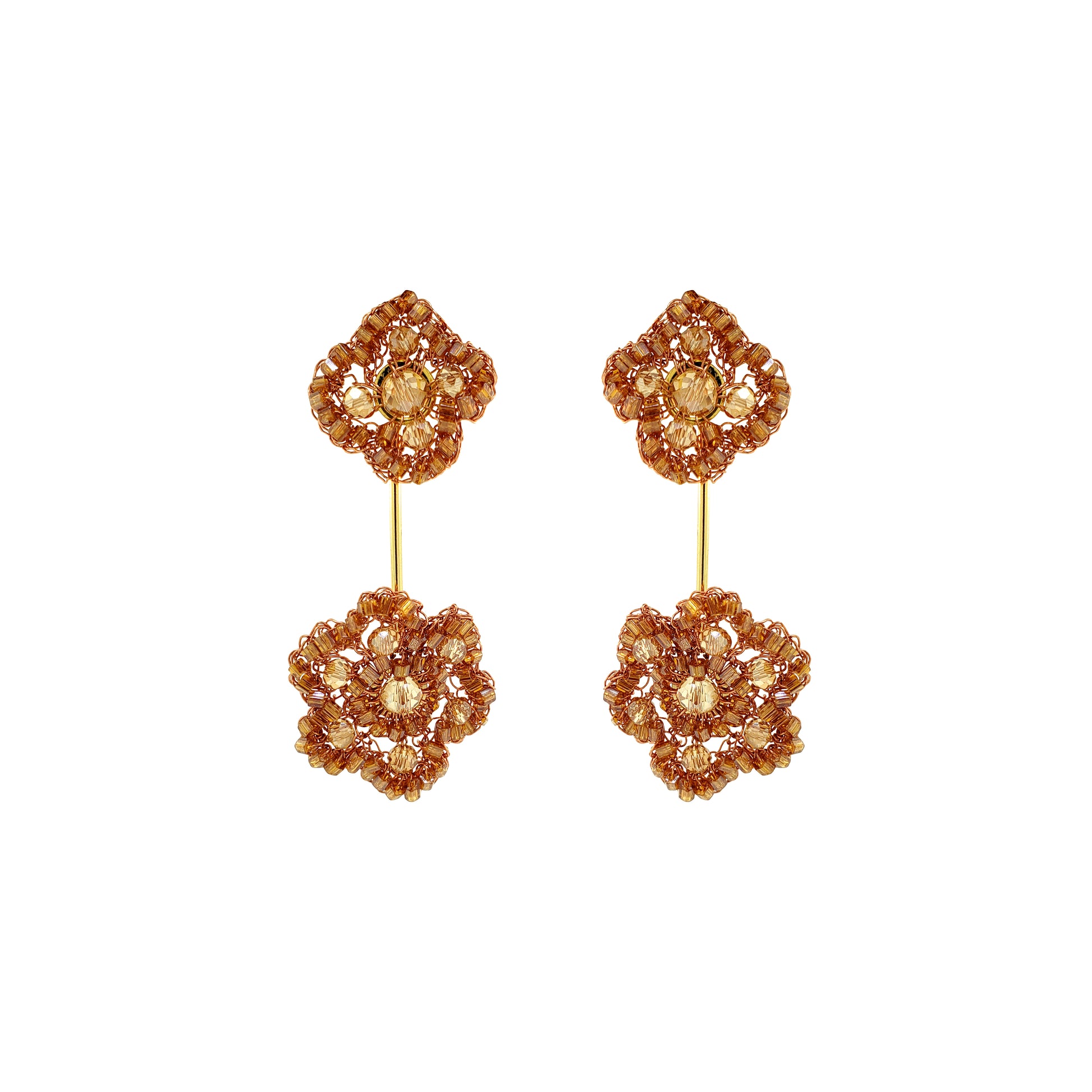 Flower-Drop-Bronze-Amber-Gold-Poppy-Dangle-Handmade-Crochet-Earrings-18k-gold-filled-wire-hypoallergenic-lightweight-statement-soul-collection