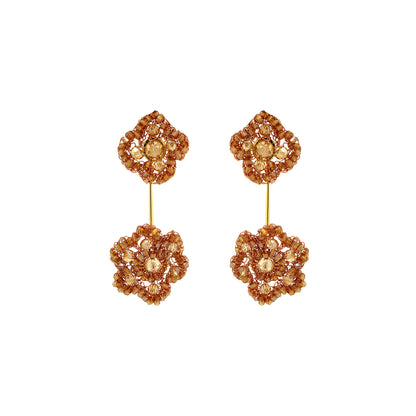 Flower-Drop-Bronze-Amber-Gold-Poppy-Dangle-Handmade-Crochet-Earrings-18k-gold-filled-wire-hypoallergenic-lightweight-statement-soul-collection