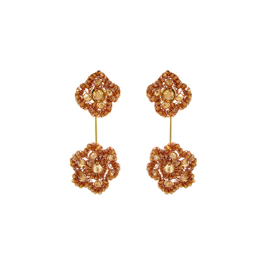 Flower-Drop-Bronze-Amber-Gold-Poppy-Dangle-Handmade-Crochet-Earrings-18k-gold-filled-wire-hypoallergenic-lightweight-statement-soul-collection