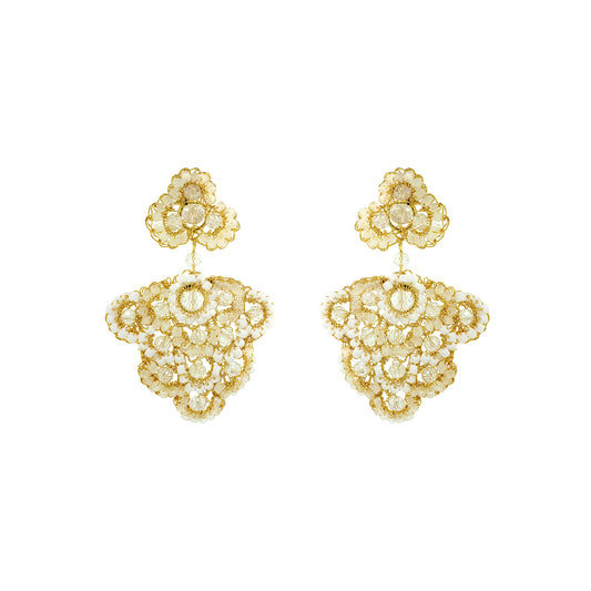 Flower-Drop-White-Cream-Clear-Gold-Poppy-Cascade-Handmade-Crochet-Earrings-18k-gold-filled-wire-hypoallergenic-lightweight-statement-soul-collection