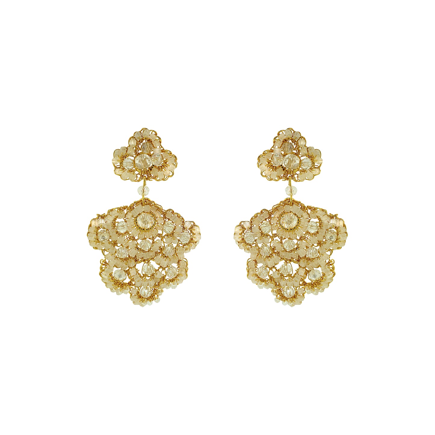 Flower-Drop-White-Cream-Gold-Poppy-Cascade-Handmade-Crochet-Earrings-18k-gold-filled-wire-hypoallergenic-lightweight-statement-soul-collection