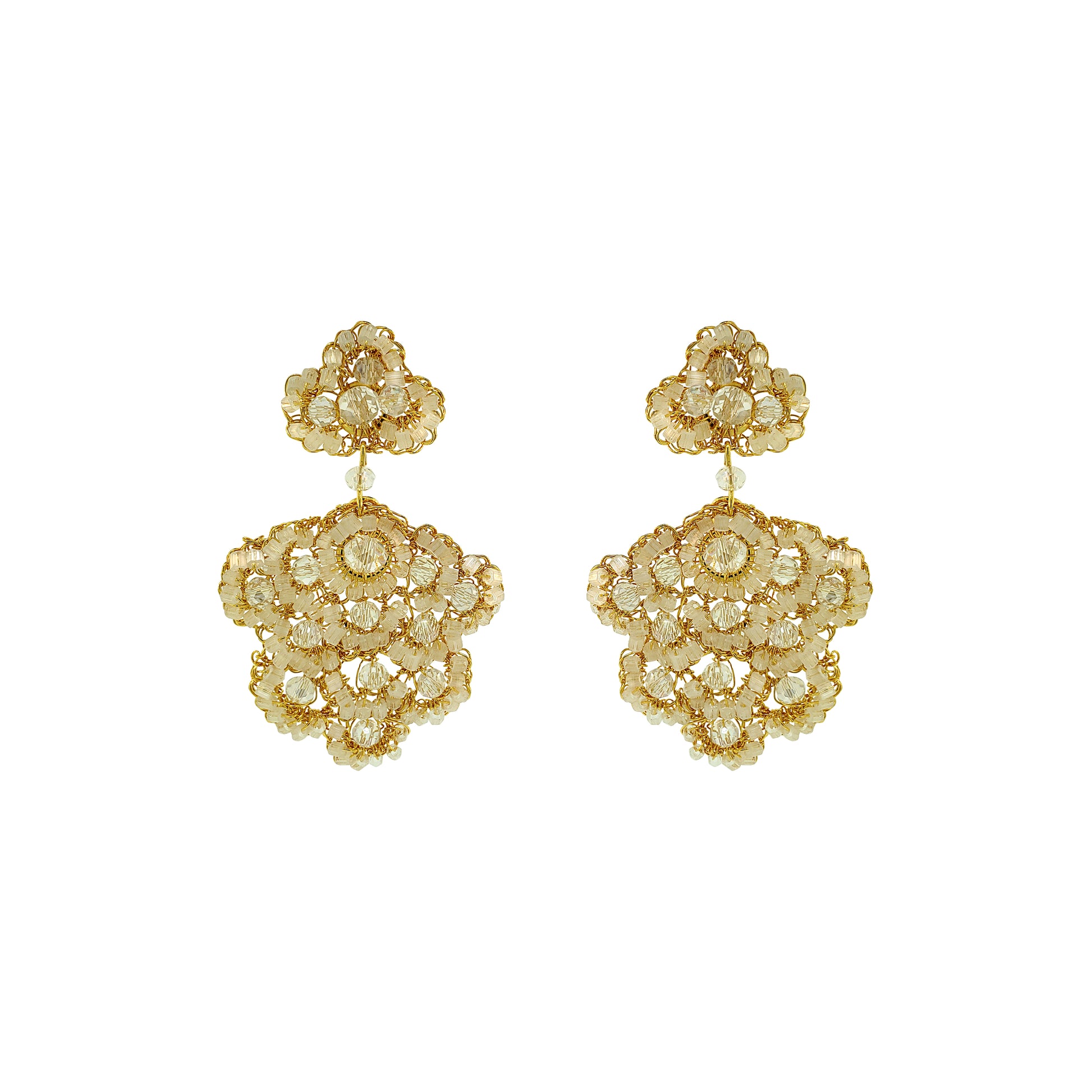 Flower-Drop-White-Cream-Gold-Poppy-Cascade-Handmade-Crochet-Earrings-18k-gold-filled-wire-hypoallergenic-lightweight-statement-soul-collection