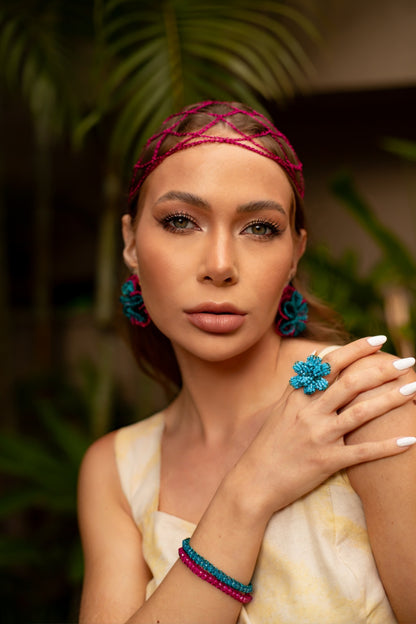 Flower-Electric-Blue- Fuchsia-Blossom-Handmade-Crochet-Ring-Bracelet-Earrings-18k-gold-filled-wire-hypoallergenic-lightweight-statement-brazilian-soul-collection-model