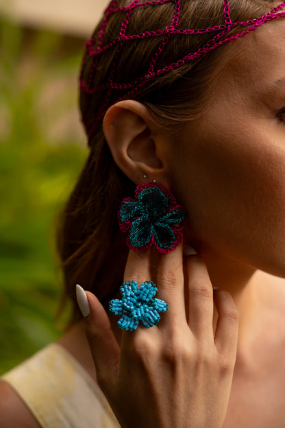 Flower-Electric-Blue- Fuchsia-Blossom-Handmade-Crochet-Ring-Earrings-18k-gold-filled-wire-hypoallergenic-lightweight-statement-brazilian-soul-collection-model