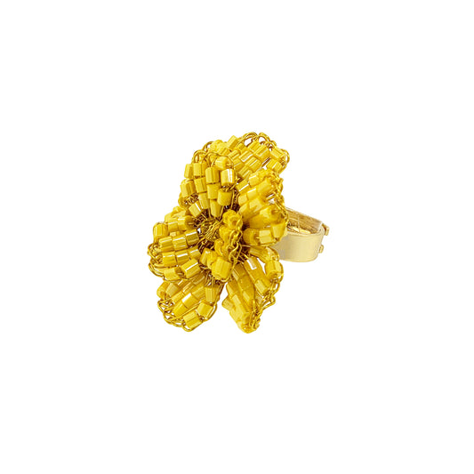 Flower-Electric-Yellow-Blossom-Handmade-Crochet-Ring-18k-gold-filled-wire-hypoallergenic-lightweight-statement-brazilian-soul-collection