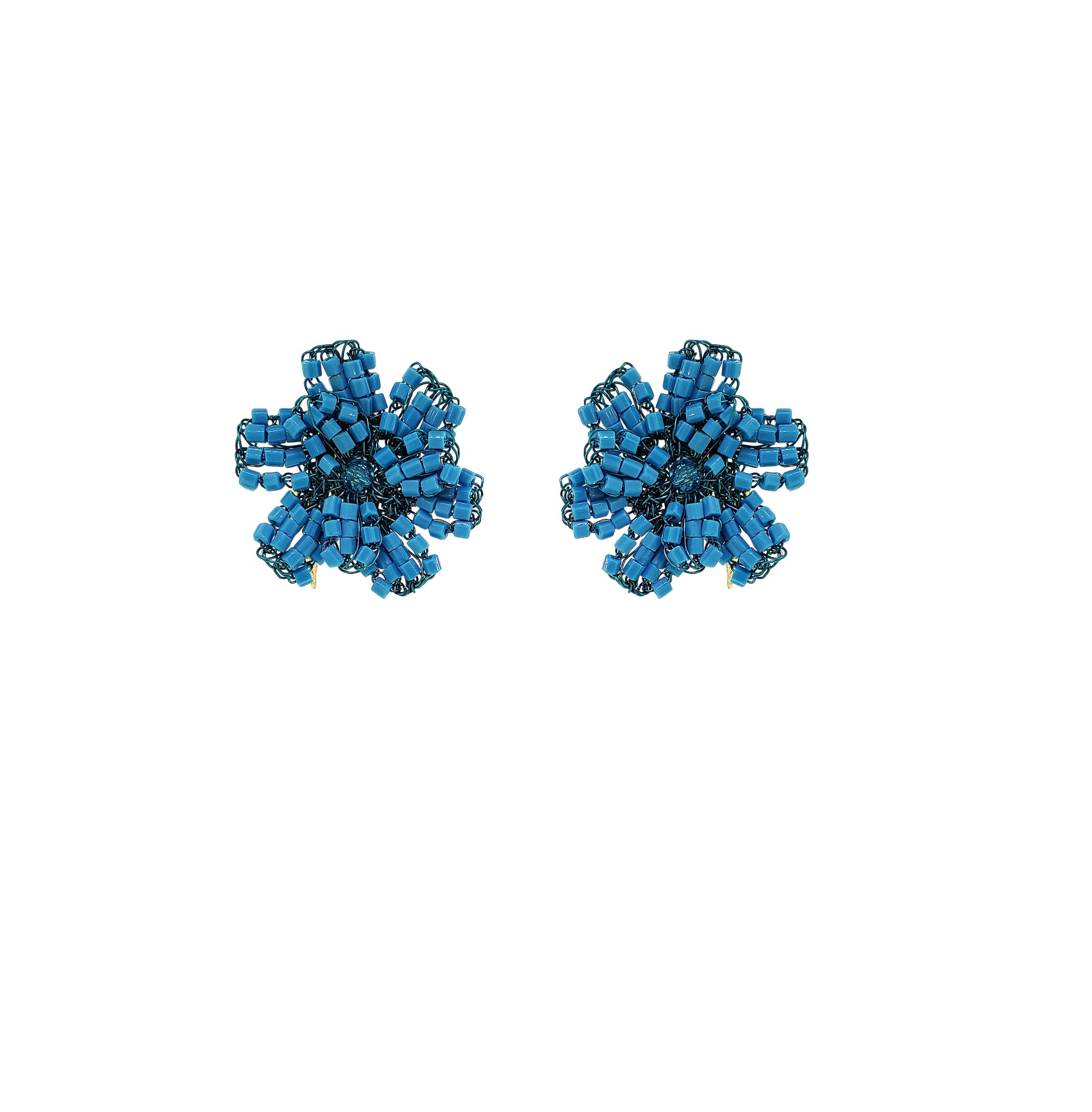 Flower-Post-Electric-Blue-Gold-Aster-Handmade-Crochet-Earrings-18k-gold-filled-wire-hypoallergenic-lightweight-statement-brazilian-soul-collection