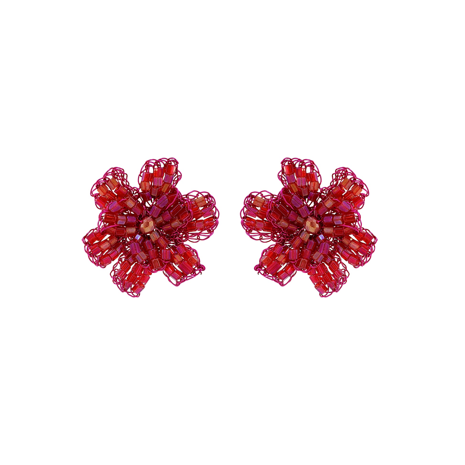 Flower-Post-Electric-Fuchsia-Gold-Aster-Handmade-Crochet-Earrings-18k-gold-filled-wire-hypoallergenic-lightweight-statement-brazilian-soul-collection