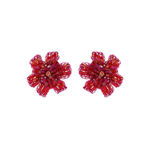 Flower-Post-Electric-Fuchsia-Gold-Aster-Handmade-Crochet-Earrings-18k-gold-filled-wire-hypoallergenic-lightweight-statement-brazilian-soul-collection