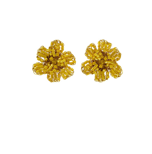 Flower-Post-Electric-Yellow-Gold-Aster-Handmade-Crochet-Earrings-18k-gold-filled-wire-hypoallergenic-lightweight-statement-brazilian-soul-collection