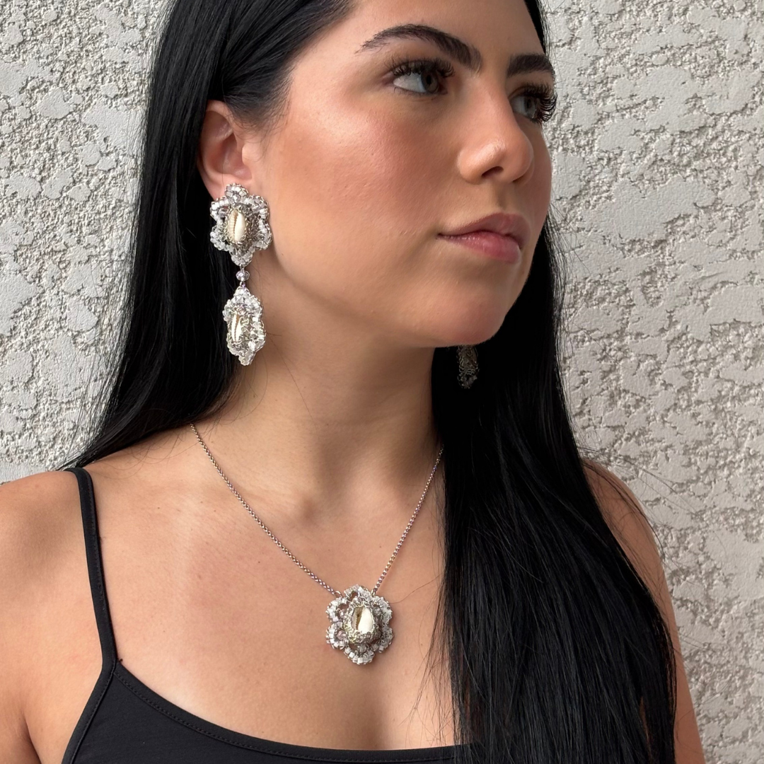 Flower-Silver-Cowrie-Handmade-Crochet-Necklace-Earrings-model-18k-gold-filled-wire-hypoallergenic-lightweight-statement-soul-collection-model