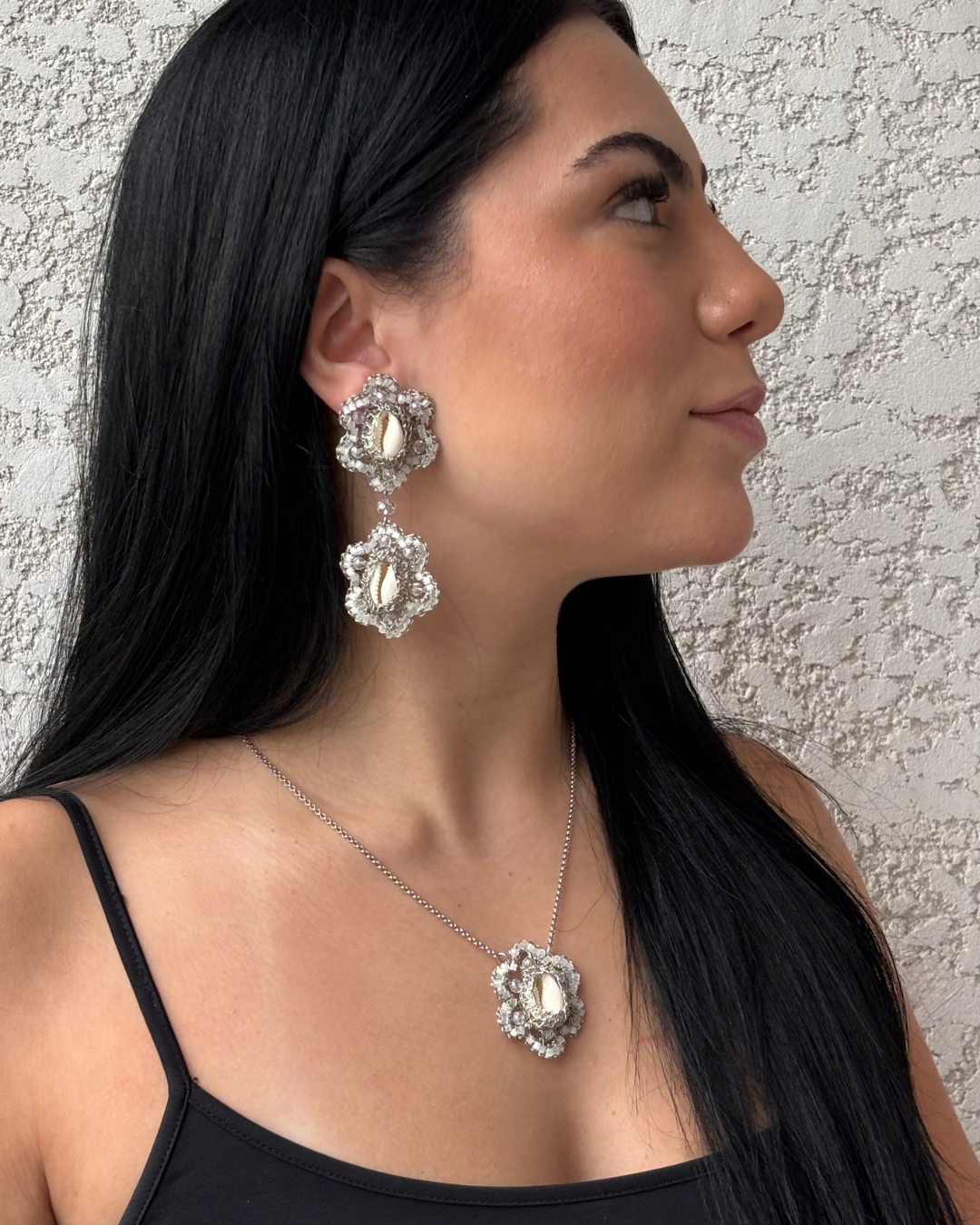 Flower-Silver-Cowrie-Handmade-Crochet-Necklace-Earrings-model-18k-gold-filled-wire-hypoallergenic-lightweight-statement-soul-collection-model2