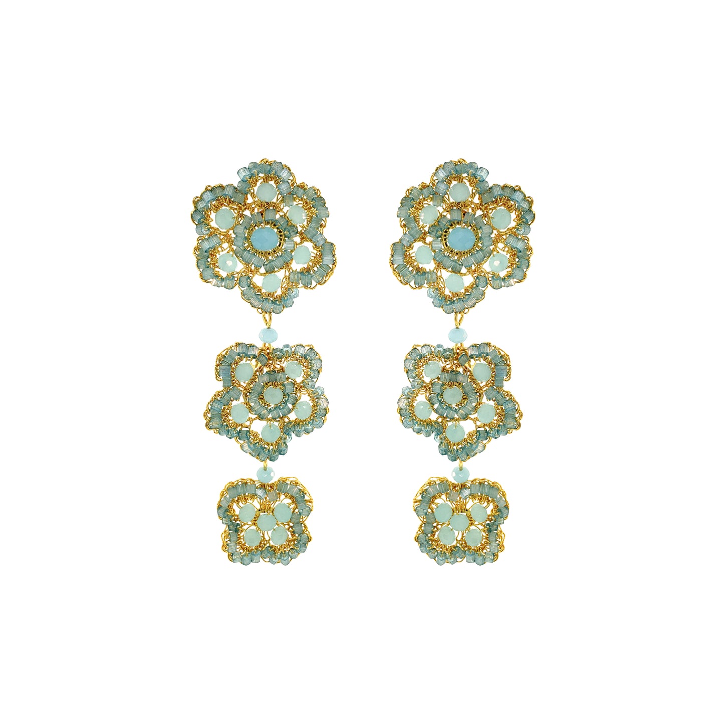 Flower-Triple-Drop-Aqua-Blue-Gold-Poppy-trio-Cascade-Handmade-Crochet-Earrings-18k-gold-filled-wire-hypoallergenic-lightweight-statement-soul-collection