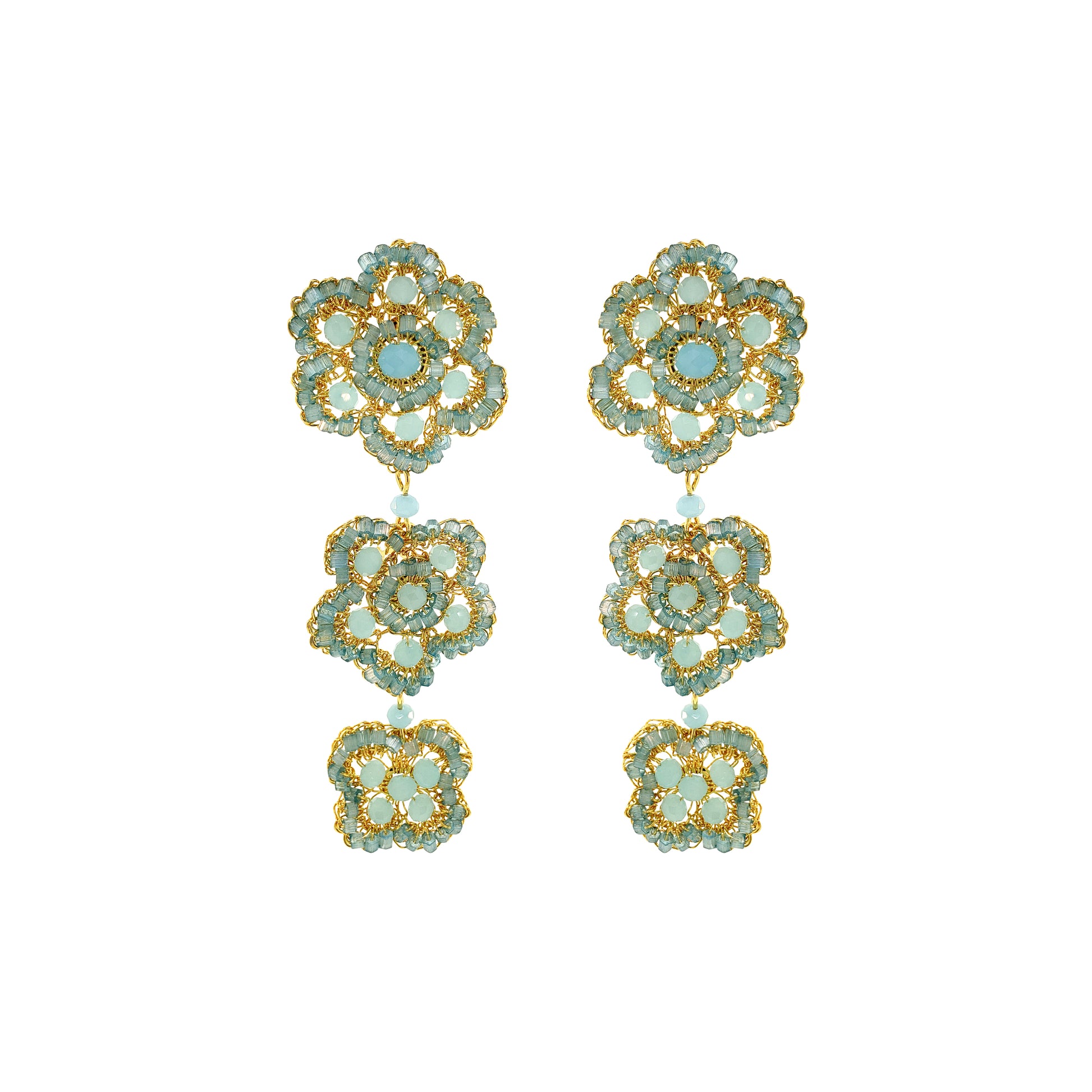 Flower-Triple-Drop-Aqua-Blue-Gold-Poppy-trio-Cascade-Handmade-Crochet-Earrings-18k-gold-filled-wire-hypoallergenic-lightweight-statement-soul-collection
