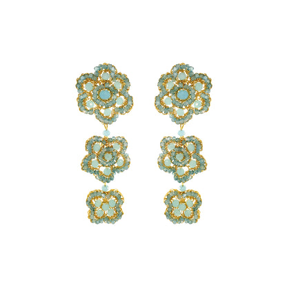 Flower-Triple-Drop-Aqua-Blue-Gold-Poppy-trio-Cascade-Handmade-Crochet-Earrings-18k-gold-filled-wire-hypoallergenic-lightweight-statement-soul-collection