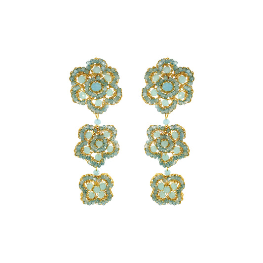 Flower-Triple-Drop-Aqua-Blue-Gold-Poppy-trio-Cascade-Handmade-Crochet-Earrings-18k-gold-filled-wire-hypoallergenic-lightweight-statement-soul-collection